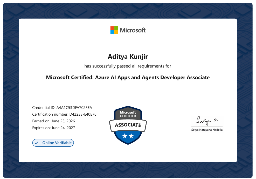 Microsoft Certified: Azure AI Apps and Agents Developer Associate certificate